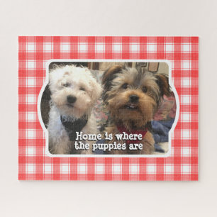 Custom Photo Red & White Country Farmhouse Plaid Jigsaw Puzzle