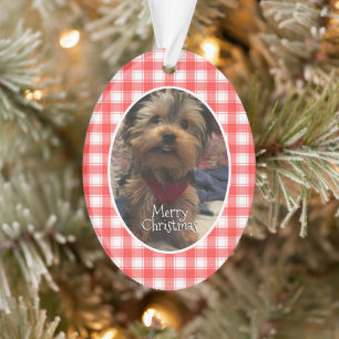 Custom Photo Red & White Country Farmhouse Plaid Ornament