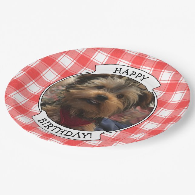 Custom Photo Red & White Country Farmhouse Plaid Paper Plate (Angled)