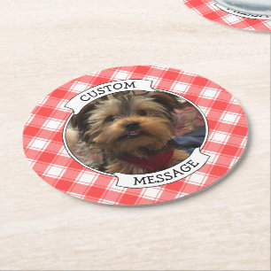 Custom Photo Red & White Country Farmhouse Plaid Round Paper Coaster