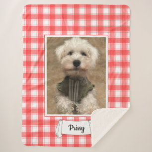 Custom Photo Red & White Country Farmhouse Plaid Sherpa Blanket