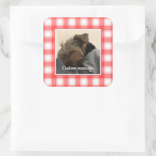 Custom Photo Red & White Country Farmhouse Plaid Square Sticker