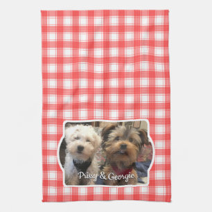 Custom Photo Red & White Country Farmhouse Plaid Tea Towel