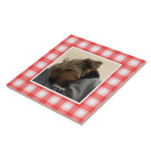 Custom Photo Red & White Country Farmhouse Plaid Tile