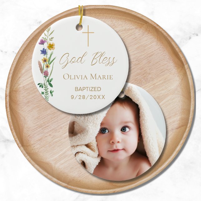 Custom Photo Religious Baptism Floral  Ceramic Tree Decoration (Creator Uploaded)