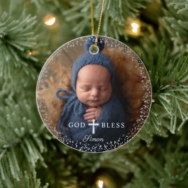 Custom Photo Religious Baptism Navy Blue Silver Ceramic Tree Decoration (Tree)