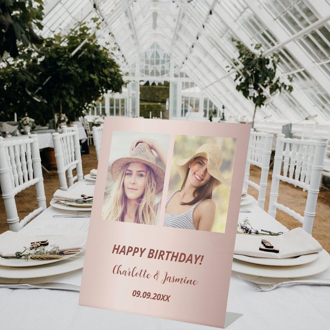 Custom photo rose gold friends birthday pedestal sign (Creator Uploaded)