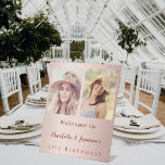Custom photo rose gold friends birthday welcome pedestal sign<br><div class="desc">A photo welcome sign for 2 persons,  friends,  sisters,  twins.  A rose gold gradient background.  Personalise and add 2 photos,  names, age</div>