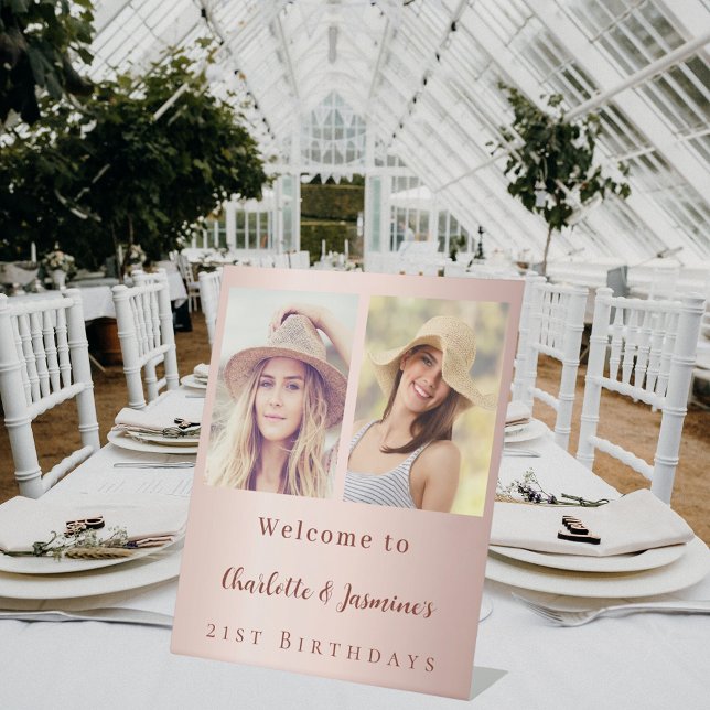 Custom photo rose gold friends birthday welcome pedestal sign (Creator Uploaded)