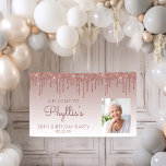 Custom Photo Rose Gold Glitter Drip 80th Birthday Banner<br><div class="desc">Welcome guests with this chic, glamourous 80th birthday party photo banner, featuring a sparkly rose gold faux glitter drip border and rose gold ombre background. Easily replace the sample image with a photo of the guest of honour. Personalise it with her name in rose handwriting script, with the birthday and...</div>