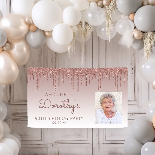 Custom Photo Rose Gold Glitter Drip 90th Birthday Banner (Creator Uploaded)