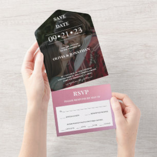 Custom Photo Rose Gold Glitter Save the Date RSVP All In One Invitation