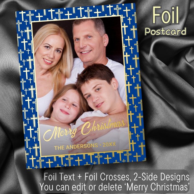 Custom photo royal blue cross Christmas elegant Foil Holiday Postcard (Creator Uploaded)