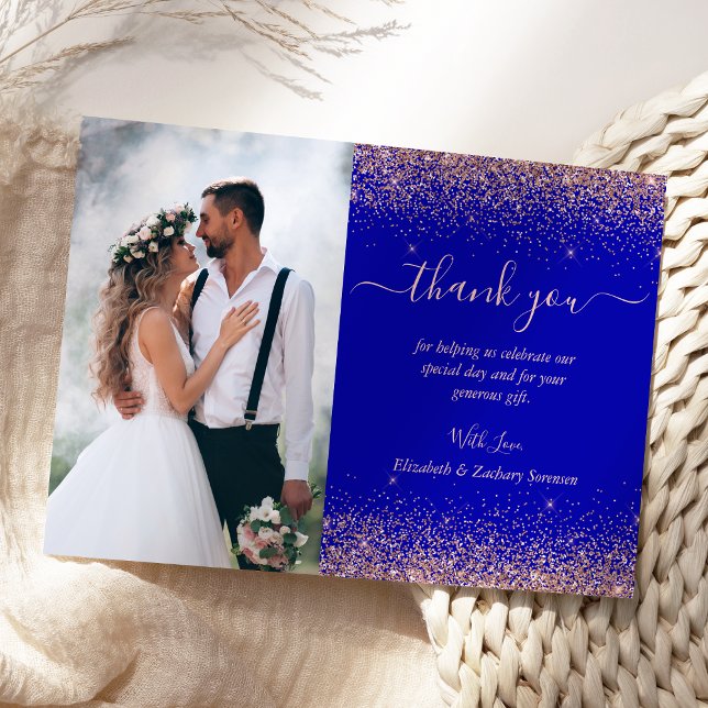 Custom Photo Royal Blue Rose Gold Glitter Wedding Thank You Card (Creator Uploaded)