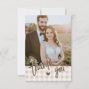 Custom Photo Rustic Beige Gingham And Hare Wedding Thank You Card