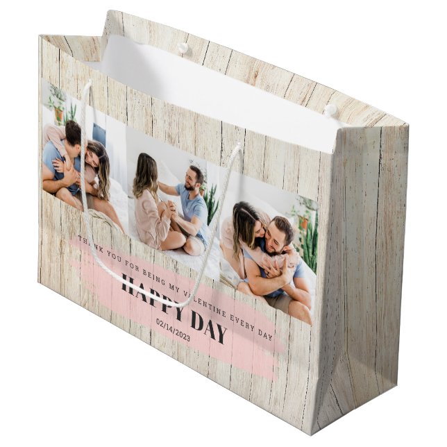Custom Photo | Rustic Happy Valentine's Day Large Gift Bag (Front Angled)