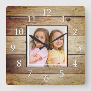 Custom Photo Rustic Reclaimed Wood Farmhouse Square Wall Clock