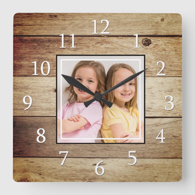 Custom Photo Rustic Reclaimed Wood Farmhouse Square Wall Clock (Front)