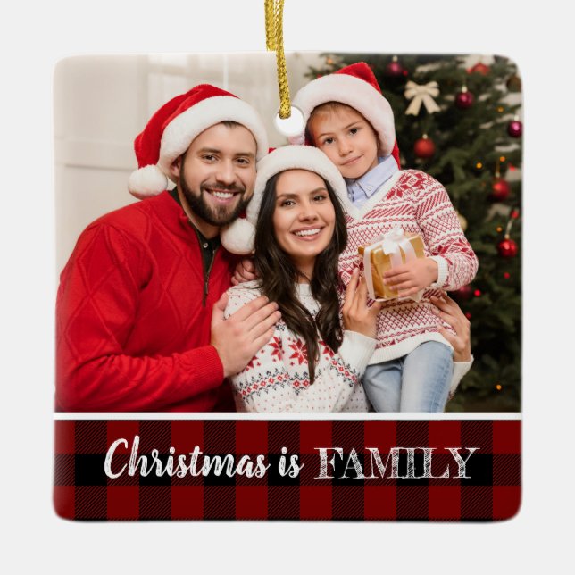 Custom Photo Rustic Red Buffalo Plaid Family Photo Ceramic Ornament (Front)