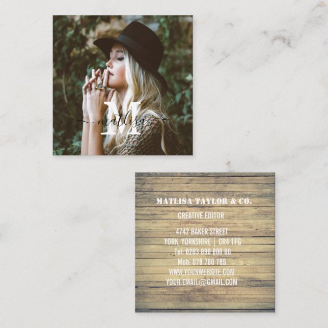 Custom Photo Rustic Wood Monogram Professional  Square Business Card (Front/Back)
