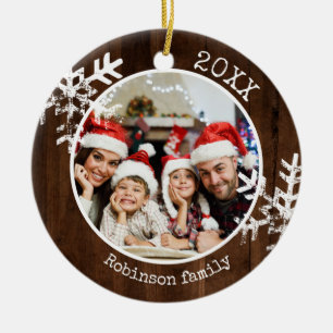 Custom Photo Rustic Wood Snowflake  Ceramic Tree Decoration