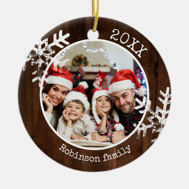 Custom Photo Rustic Wood Snowflake  Ceramic Tree Decoration (Front)