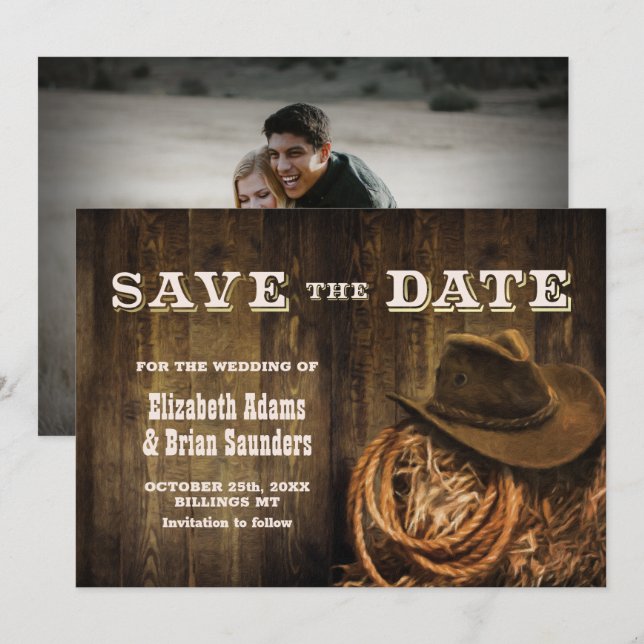 Custom Photo Rustic Wood Western Wedding Save The Date (Front/Back)