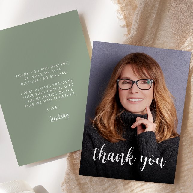 Custom Photo Sage Green 40th Birthday Party Thank You Card (Creator Uploaded)