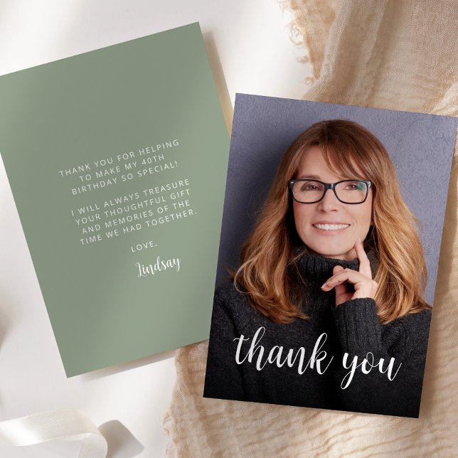 Custom Photo Sage Green 40th Birthday Party Thank You Card (Creator Uploaded)