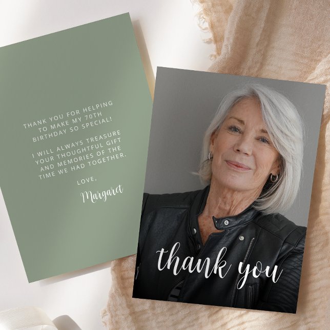 Custom Photo Sage Green 70th Birthday Party Thank You Card (Creator Uploaded)