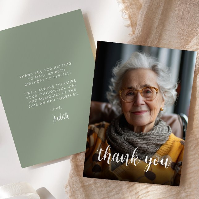 Custom Photo Sage Green 80th Birthday Party Thank You Card (Creator Uploaded)