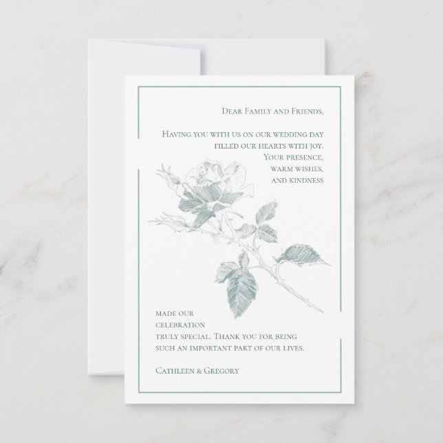 Custom Photo Sage Green Floral Wedding Calligraphy Thank You Card (Back)