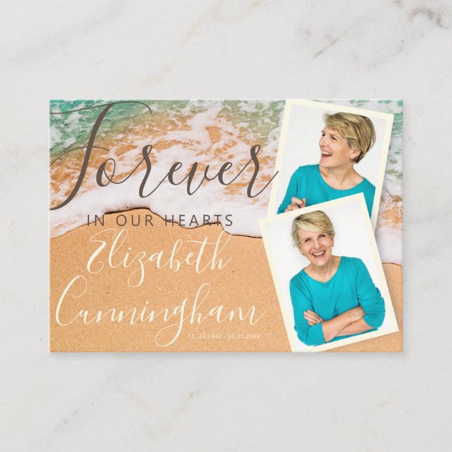 Custom Photo Sandy Ocean Beach Funeral Memorial Business Card (Front)