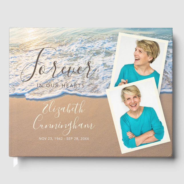 Custom Photo Sandy Ocean Beach Funeral Memorial Guest Book (Front)