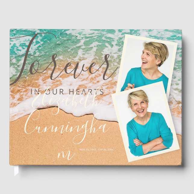 Custom Photo Sandy Ocean Beach Funeral Memorial Guest Book (Front)