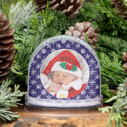 Custom Photo Santa Baby Snowflake Script Blue Snowglobe