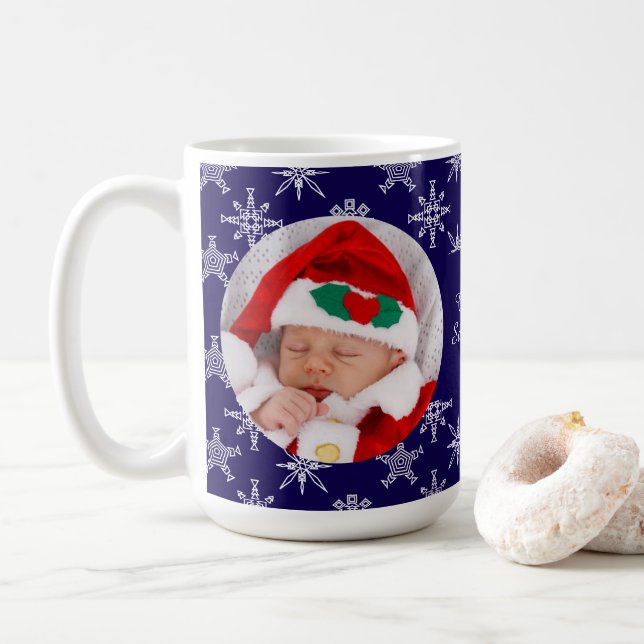 Custom Photo Santa Baby Snowflakes & Blue BKGRD Coffee Mug (With Donut)