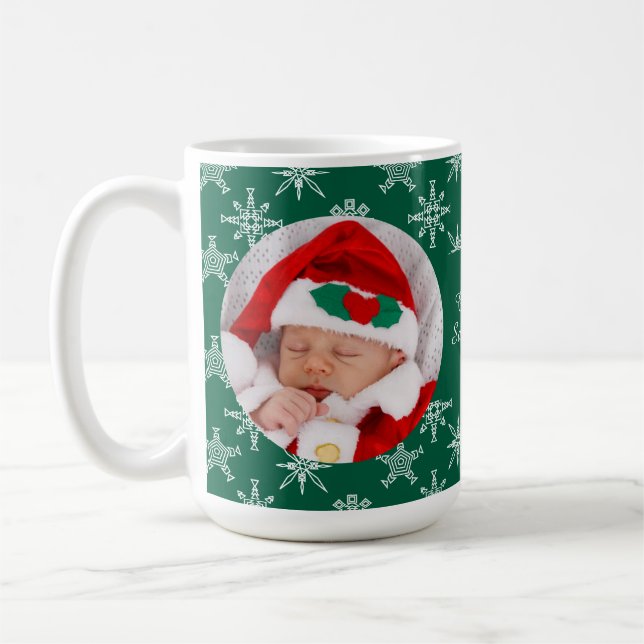 Custom Photo Santa Baby Snowflakes & Green Paper Coffee Mug (Left)