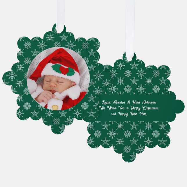 Custom Photo Santa Baby Snowflakes & Green Paper Tree Decoration Card (Front/Back)