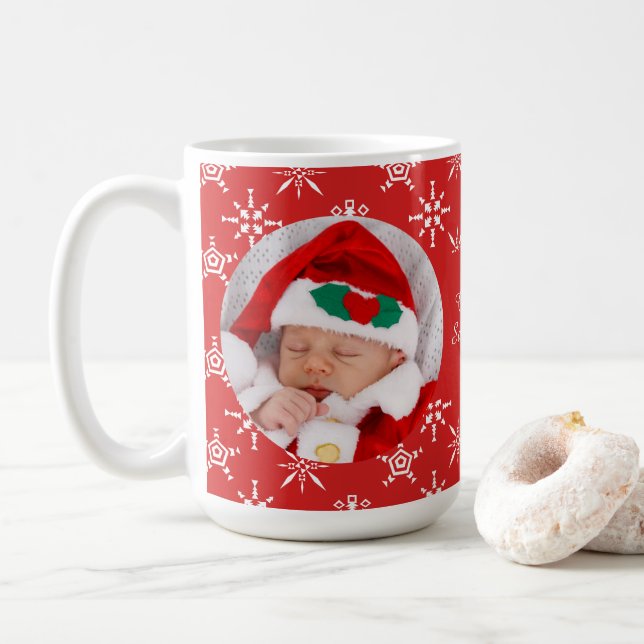 Custom Photo Santa Baby Snowflakes & Red BKGRD Coffee Mug (With Donut)