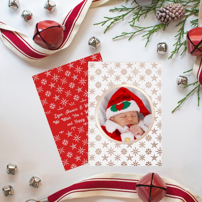 Custom Photo Santa Baby Snowflakes White Red Gold Foil Holiday Card (Creator Uploaded)