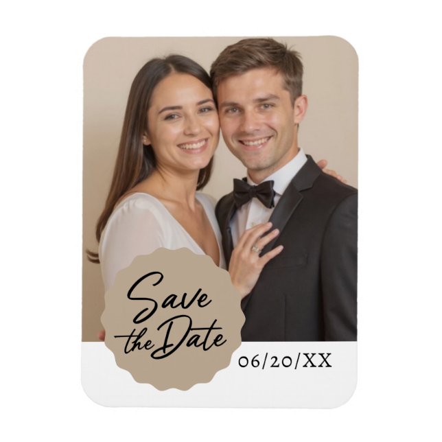 Custom Photo Save The Date Modern Script Emblem Magnet (Vertical)