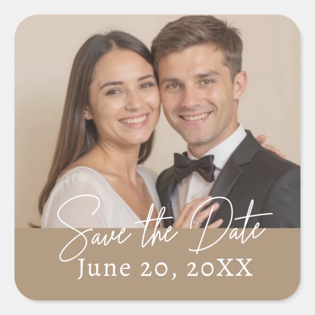Custom Photo Save The Date Modern Script Square Sticker (Front)