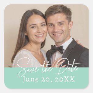 Custom Photo Save The Date Modern Script Square Sticker