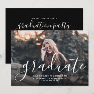 Custom Photo Script Black Graduation Party Invitation