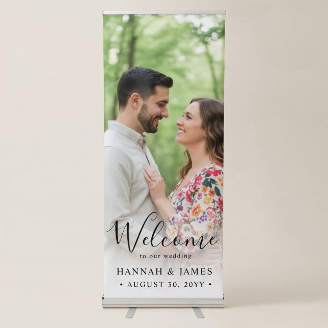 Custom Photo Script Font Wedding Welcome Retractable Banner (Front)