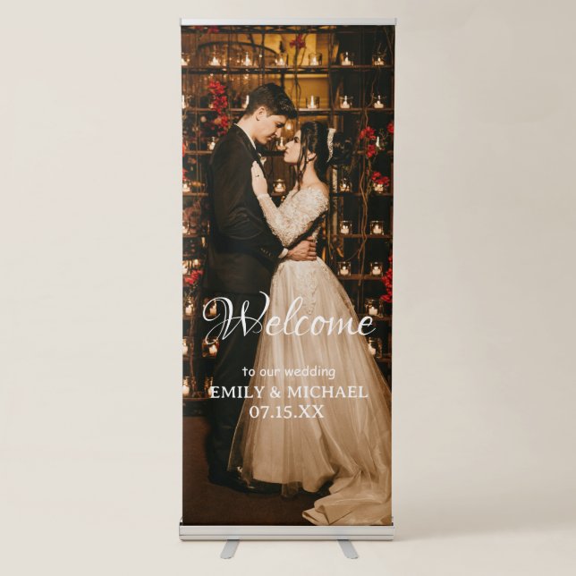 Custom Photo Script Font Wedding Welcome Retractable Banner (Front)