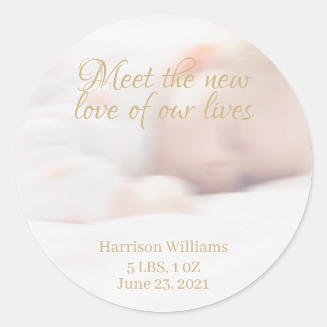 Custom photo script name Baby Birth Announcement Classic Round Sticker (Front)