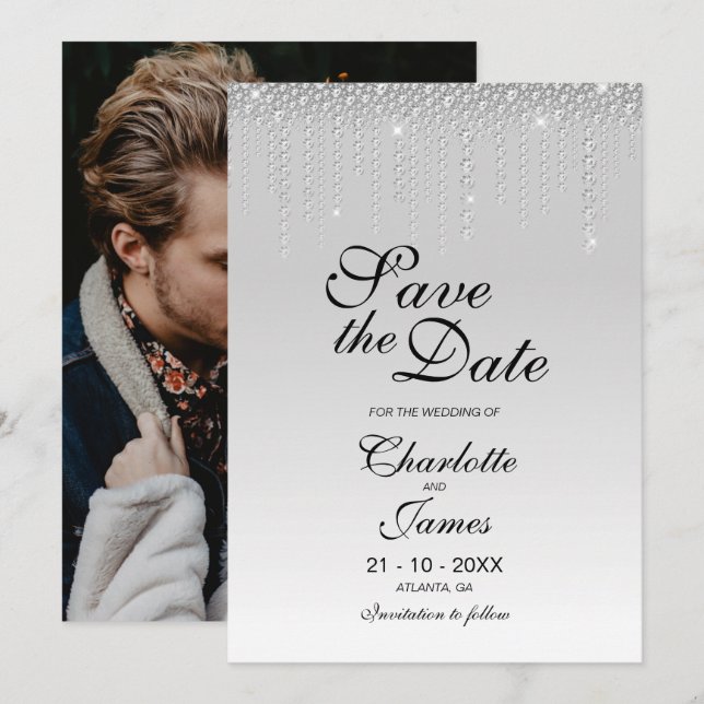 Custom Photo Silver Diamonds Wedding Save The Date (Front/Back)
