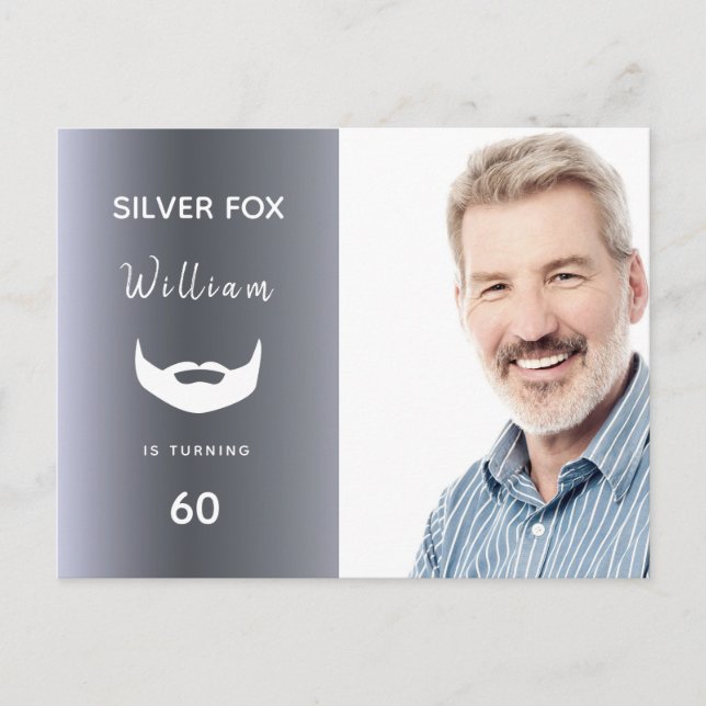 Custom photo silver fox birthday invitation postcard (Front)